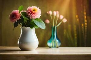 roze bloemen in een vaas Aan een tafel. ai-gegenereerd foto