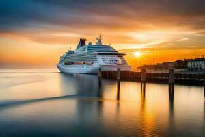 een reis schip aangemeerd Bij de pier Bij zonsondergang. ai-gegenereerd foto