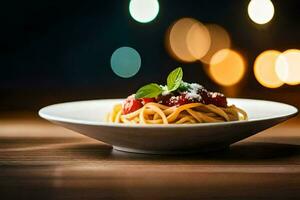 een bord van spaghetti met tomaten en basilicum Aan een houten tafel. ai-gegenereerd foto