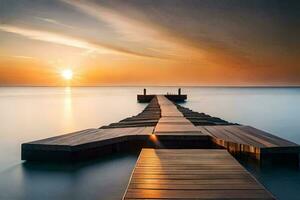 een houten dok strekt zich uit uit in de oceaan Bij zonsondergang. ai-gegenereerd foto