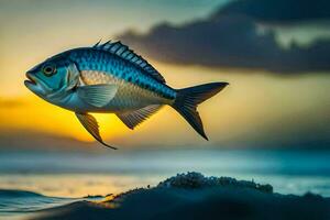 een vis is vliegend over- de oceaan Bij zonsondergang. ai-gegenereerd foto