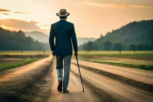 een Mens in een pak en hoed wandelen naar beneden een aarde weg. ai-gegenereerd foto