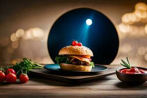 een Hamburger Aan een bord met tomaten en een kom van ketchup. ai-gegenereerd foto