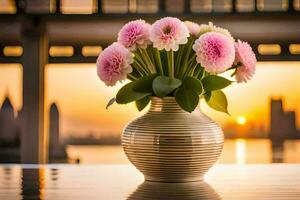 een vaas met roze bloemen Aan een tafel in voorkant van een stad horizon. ai-gegenereerd foto