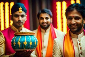 drie mannen in traditioneel Indisch kleding Holding een pot. ai-gegenereerd foto