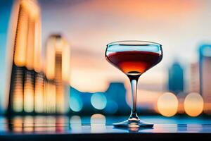 een glas van rood wijn Aan een tafel in voorkant van een stad horizon. ai-gegenereerd foto