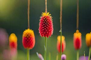 een groep van rood en geel bloemen in de gras. ai-gegenereerd foto