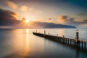 de zon is instelling over- een pier in de oceaan. ai-gegenereerd foto