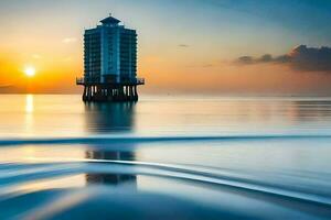 een vuurtoren staat in de midden- van de oceaan Bij zonsondergang. ai-gegenereerd foto