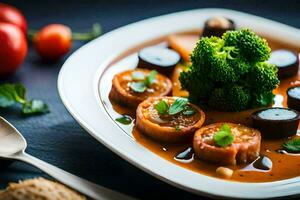 een bord van voedsel met broccoli en vlees. ai-gegenereerd foto