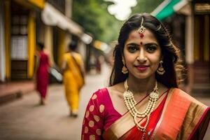 een mooi vrouw in een sari. ai-gegenereerd foto