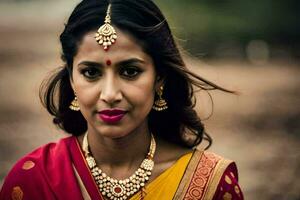 een mooi Indisch vrouw vervelend een rood sari en goud sieraden. ai-gegenereerd foto