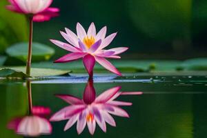 twee roze lotus bloemen zijn weerspiegeld in de water. ai-gegenereerd foto