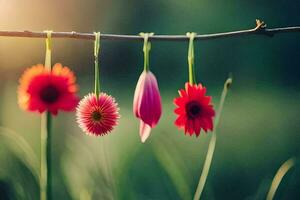 rood bloemen hangende van een Afdeling in de zon. ai-gegenereerd foto