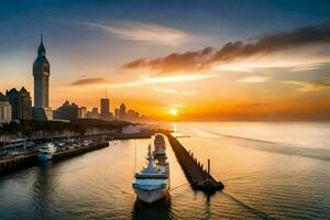 de zon sets over- de stad van sjanghai. ai-gegenereerd foto