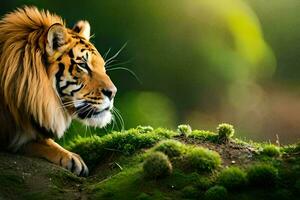 een tijger is zittend Aan de gras in de wild. ai-gegenereerd foto