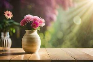 een vaas met roze bloemen Aan een tafel. ai-gegenereerd foto