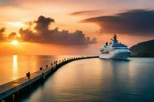 een reis schip aangemeerd Bij de einde van een pier Bij zonsondergang. ai-gegenereerd foto