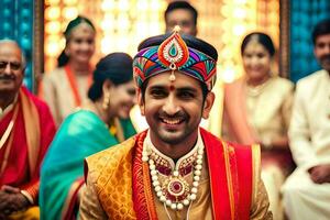 een Mens in traditioneel Indisch kleding is lachend. ai-gegenereerd foto
