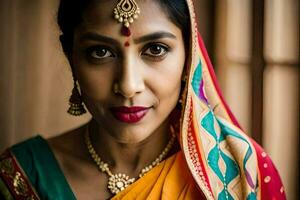 een mooi Indisch vrouw vervelend een sari. ai-gegenereerd foto