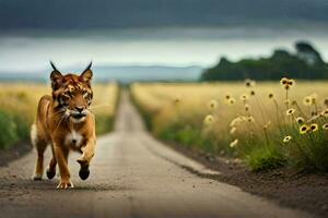 een lynx wandelen aan de overkant een weg in de midden- van een veld. ai-gegenereerd foto
