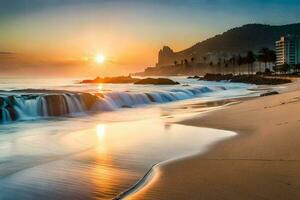 de zon stijgt over- de strand in Rio de janeiro, Brazilië. ai-gegenereerd foto