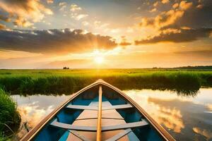 de boot is Aan de water Bij zonsondergang. ai-gegenereerd foto