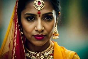 een mooi Indisch vrouw vervelend een traditioneel bruids kleding. ai-gegenereerd foto