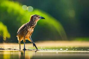 een vogel staand Aan de kust van een rivier. ai-gegenereerd foto