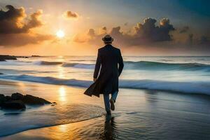 een Mens in een loopgraaf jas wandelingen langs de strand Bij zonsondergang. ai-gegenereerd foto