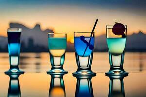 vier bril met verschillend gekleurde drankjes Aan een tafel. ai-gegenereerd foto