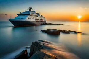 een reis schip in de oceaan Bij zonsondergang. ai-gegenereerd foto