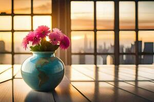 een vaas met bloemen Aan een tafel in voorkant van een venster. ai-gegenereerd foto