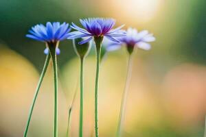 drie blauw bloemen zijn in de voorgrond. ai-gegenereerd foto