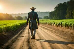 een Mens in een hoed wandelingen naar beneden een aarde weg. ai-gegenereerd foto