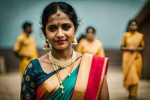 een vrouw in een kleurrijk sari met goud sieraden. ai-gegenereerd foto