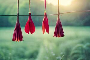 rood bloemen hangende van een draad in een veld. ai-gegenereerd foto
