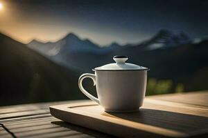 een koffie kop zit Aan een houten dienblad in voorkant van een berg bereik. ai-gegenereerd foto