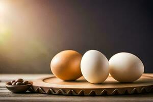 drie eieren Aan een houten snijdend bord. ai-gegenereerd foto