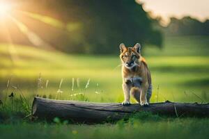 een hond staand Aan een log in de midden- van een veld. ai-gegenereerd foto