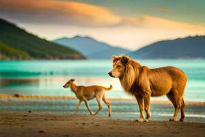 twee leeuwen en een hond staand Aan de strand. ai-gegenereerd foto