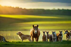 een groep van paarden en honden in een veld. ai-gegenereerd foto