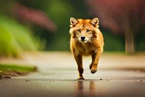 een rood wolf rennen Aan een weg. ai-gegenereerd foto