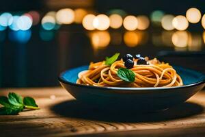 een bord van pasta met een kom van tomaat saus en een kom van basilicum bladeren. ai-gegenereerd foto