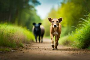 een hond en een koe wandelen naar beneden een aarde weg. ai-gegenereerd foto