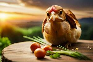 een kip is zittend Aan een houten tafel met tomaten en kruiden. ai-gegenereerd foto