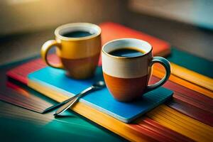 twee koffie cups Aan een kleurrijk tafel. ai-gegenereerd foto