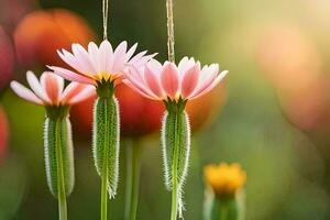 drie roze bloemen hangende van een snaar. ai-gegenereerd foto