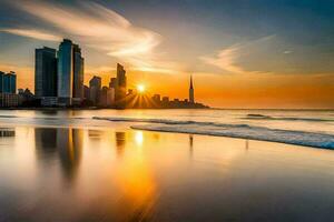 de zon stijgt over- de stad horizon in dubai. ai-gegenereerd foto