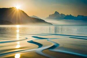 de zon stijgt over- een berg reeks en golven Aan de water. ai-gegenereerd foto